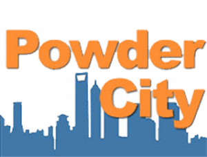 Powder City logo featuring a city skyline