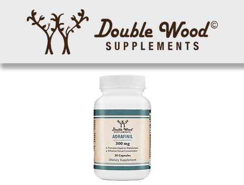 Double Wood Supplements Logo with their adrafinil capsules bottle