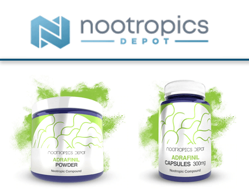 Nootropics Depot Logo with their adrafinil capsules bottle and powder jar
