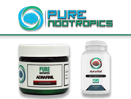 Pure Nootropics Logo with their adrafinil capsules bottle and powder jar